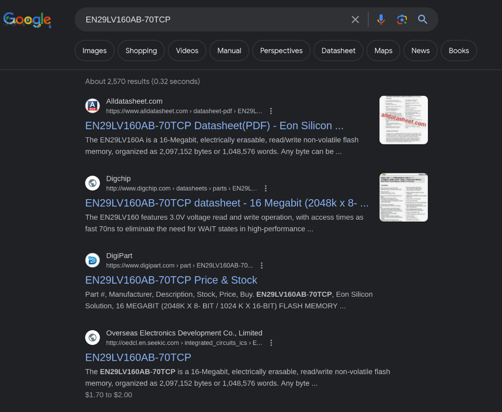 Google search results of EN29LV160AB-70TCP parallel NOR flash