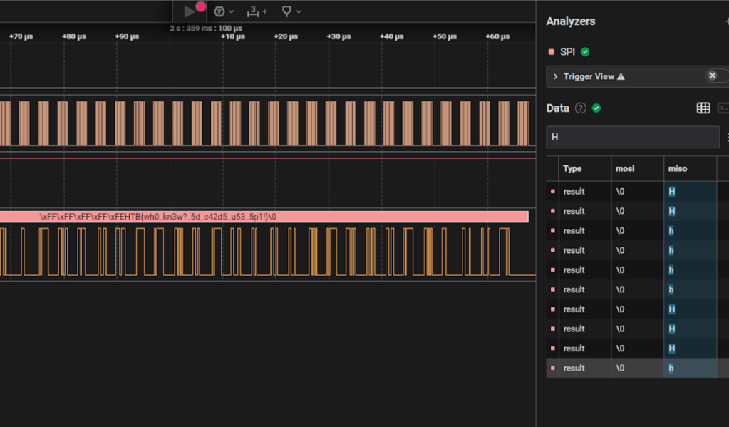Saleae logic file decoded for SPI and searching for “H” during the DEFCON 2024 HHV CTF