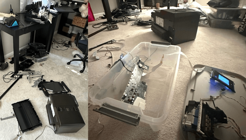HP printers in various states of disassembly